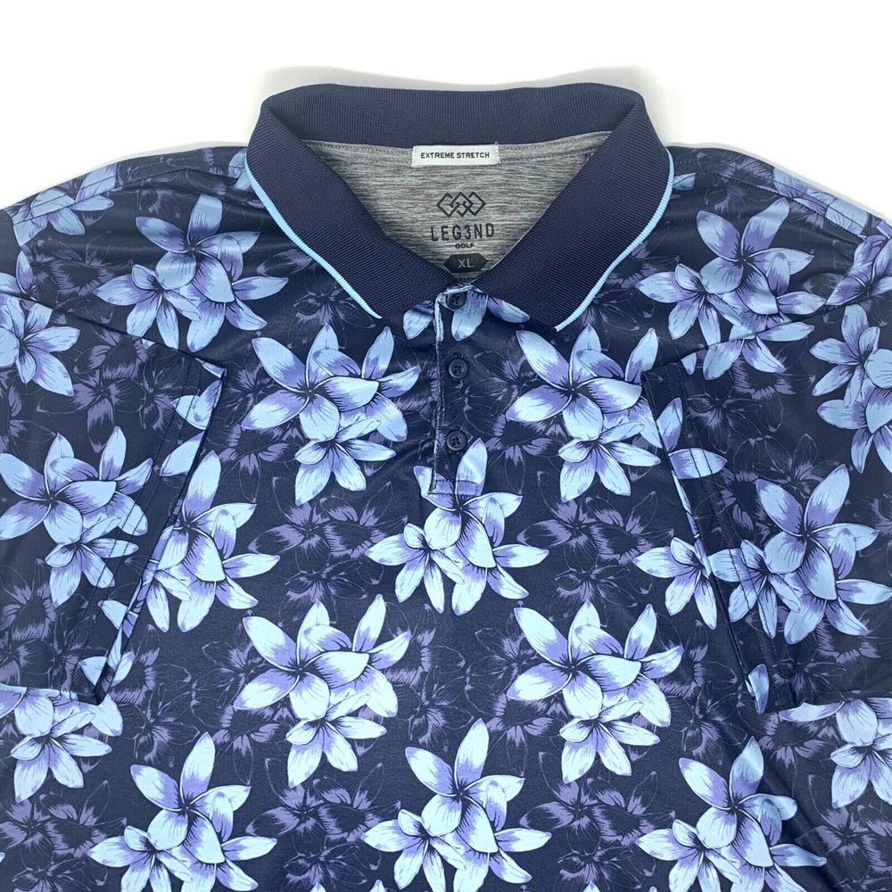 Leg3nd Extreme Stretch Blue Flower Men's Golf Performance Polo Shirt Size XL